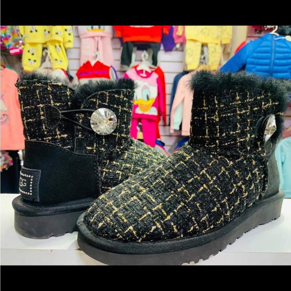 UGG Black and Gold Tweed Boots with Button Detail